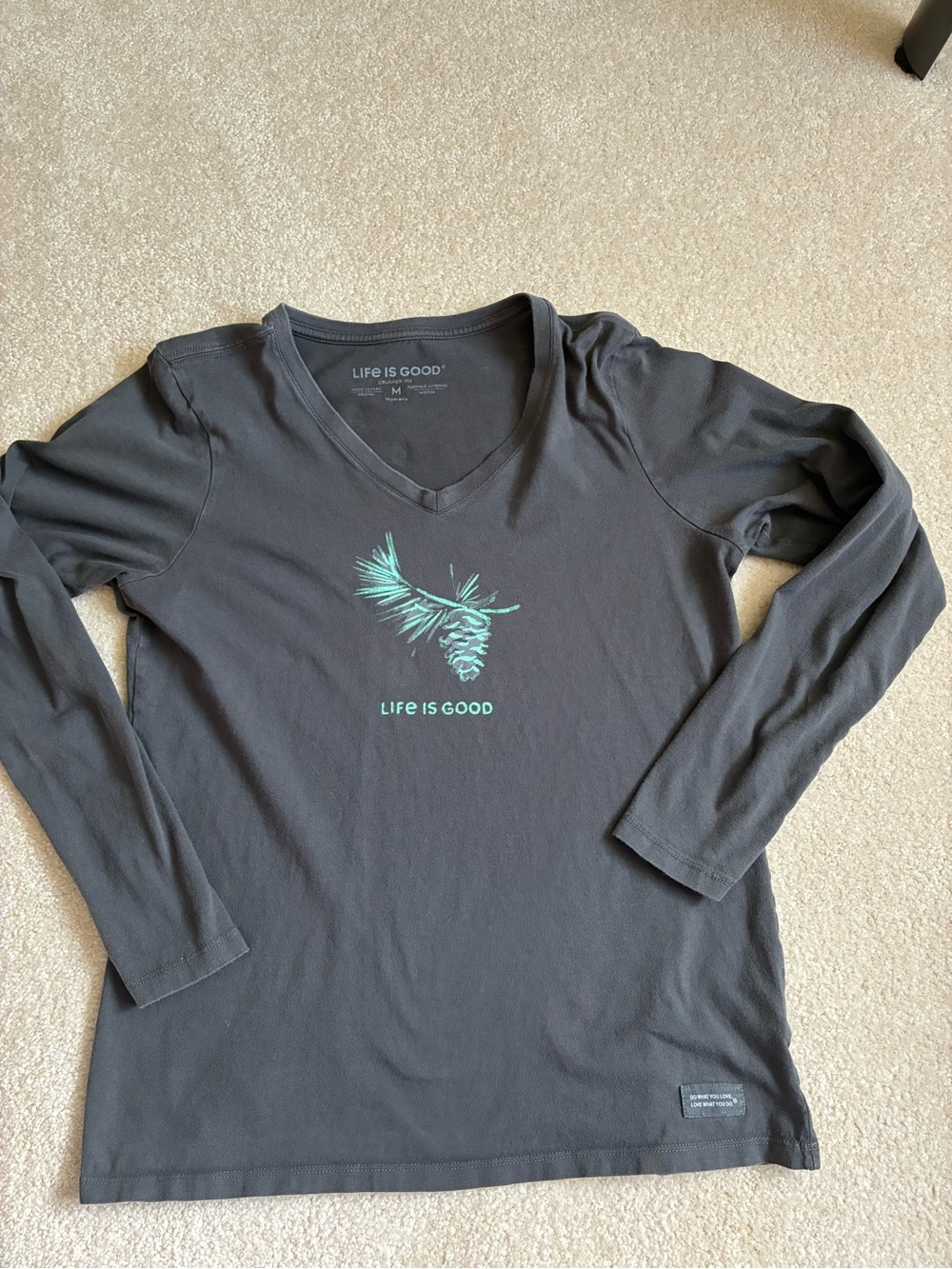 Life Is Good Charcoal Long Sleeve V-Neck Tee with Teal Pinecone Graphic